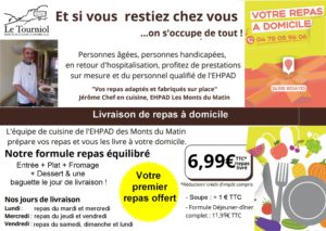 Flyer qui présente le portage de repas fabriqués au sein de la cuisine de l'EHPAD Les Monts du Matin